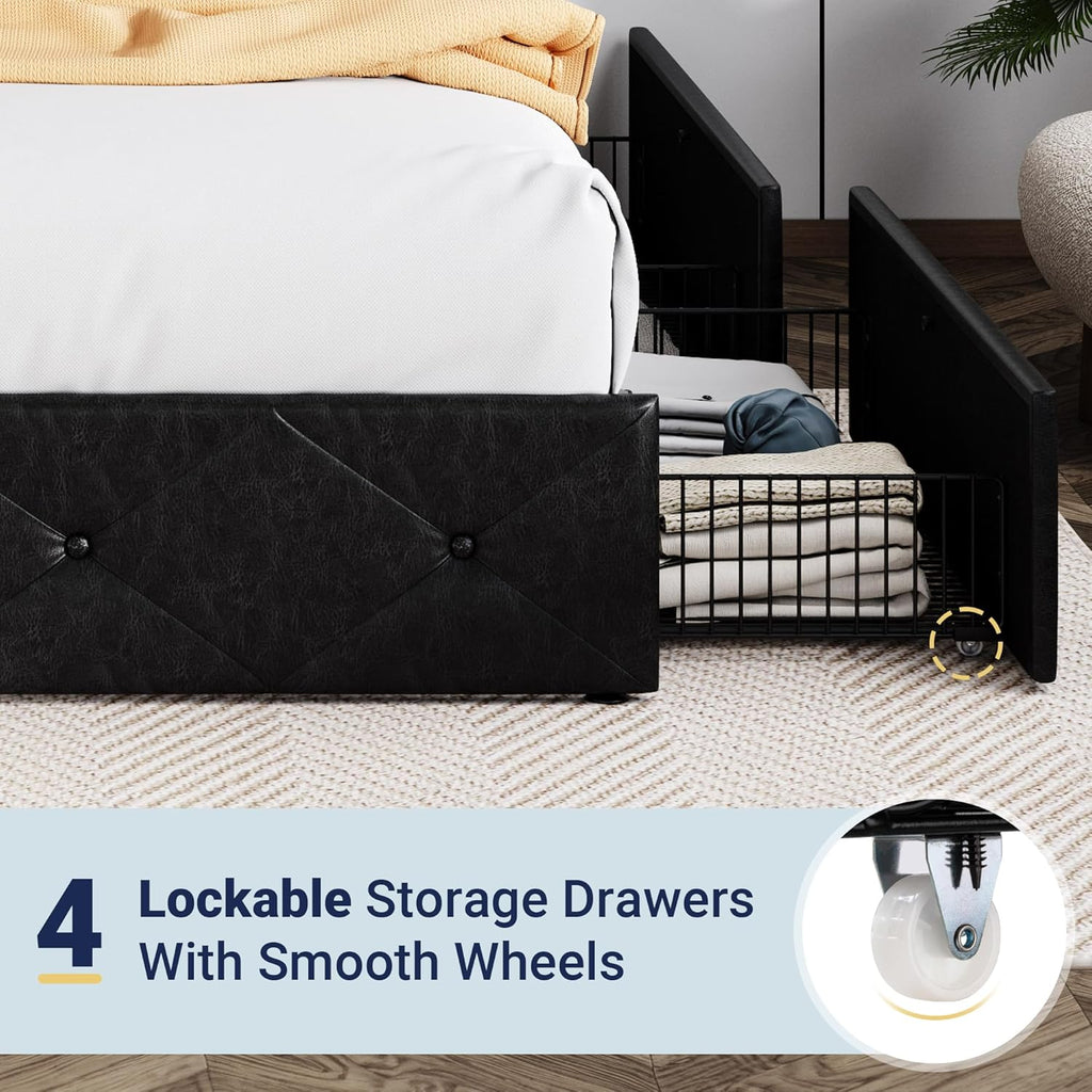 Allewie Queen Size Storage Bed Frame with 4 Underbed Drawers, Upholstered Platform Bed with Adjustable Headboard, Diamond Button Tufted, Easy Assembly, Noise-Free, No Box Spring Needed, Black