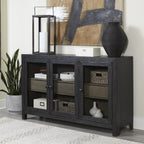 Signature Design by Ashley 60" Black Buffet Accent Cabinet, 3 Glass Doors | Sturdy oak veneer frame, High-contrast warm gray interior, Smooth-glide drawers, Lenston Series