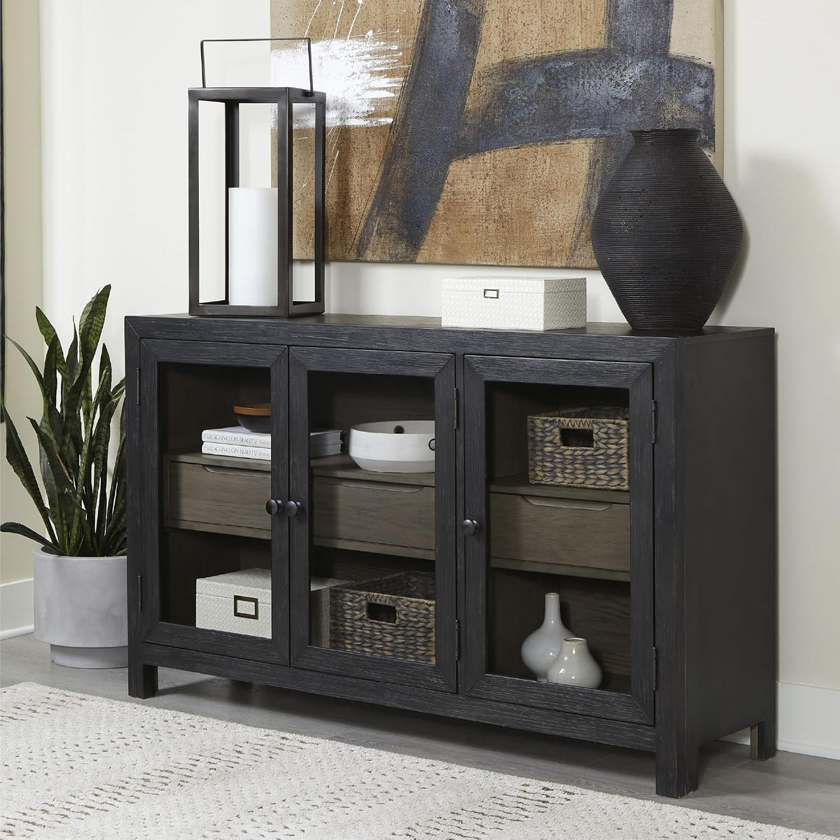 Signature Design by Ashley 60" Black Buffet Accent Cabinet, 3 Glass Doors | Sturdy oak veneer frame, High-contrast warm gray interior, Smooth-glide drawers, Lenston Series