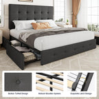 Allewie Queen Size Storage Bed Frame with 4 Underbed Drawers, Upholstered Platform Bed with Adjustable Headboard, Square Button Tufted, Easy Assembly, Noise-Free, No Box Spring Needed, Dark Grey