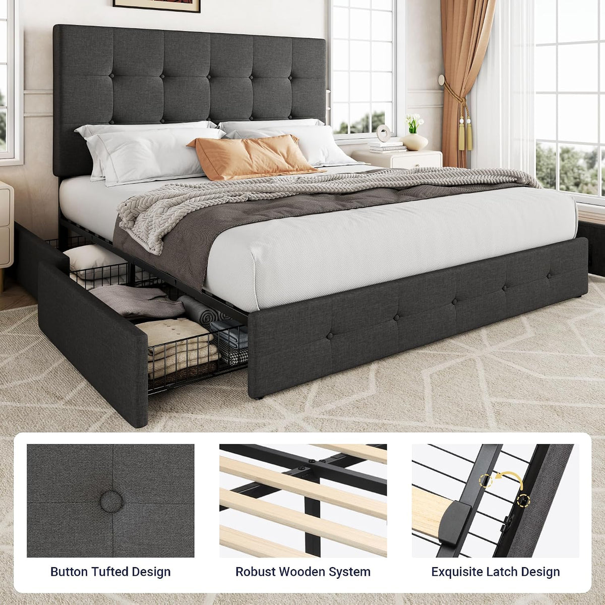 Allewie Queen Size Storage Bed Frame with 4 Underbed Drawers, Upholstered Platform Bed with Adjustable Headboard, Square Button Tufted, Easy Assembly, Noise-Free, No Box Spring Needed, Dark Grey