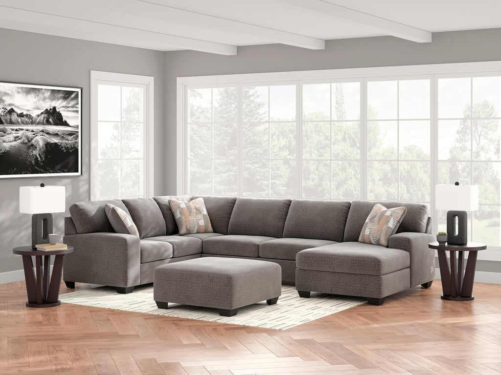 Signature Design by Ashley Oversized Accent Ottoman, Square Gray, Revenna | Greystone 100% polyester chenille, Faux wood finish legs, Firmly cushioned, No internal storage, Engineered wood frame