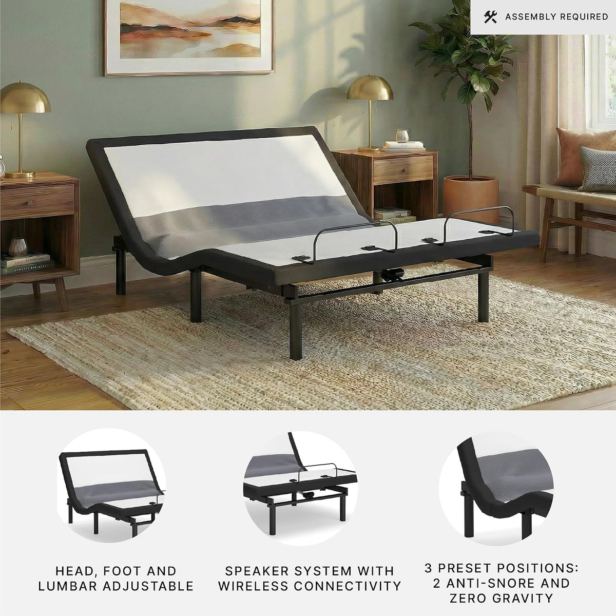 Signature Design by Ashley King Adjustable Bed Frame, Lumbar & Audio | Charcoal gray metal and polyester frame, Multi-color under-bed lighting with motion sensor, 3-year non-prorated warranty