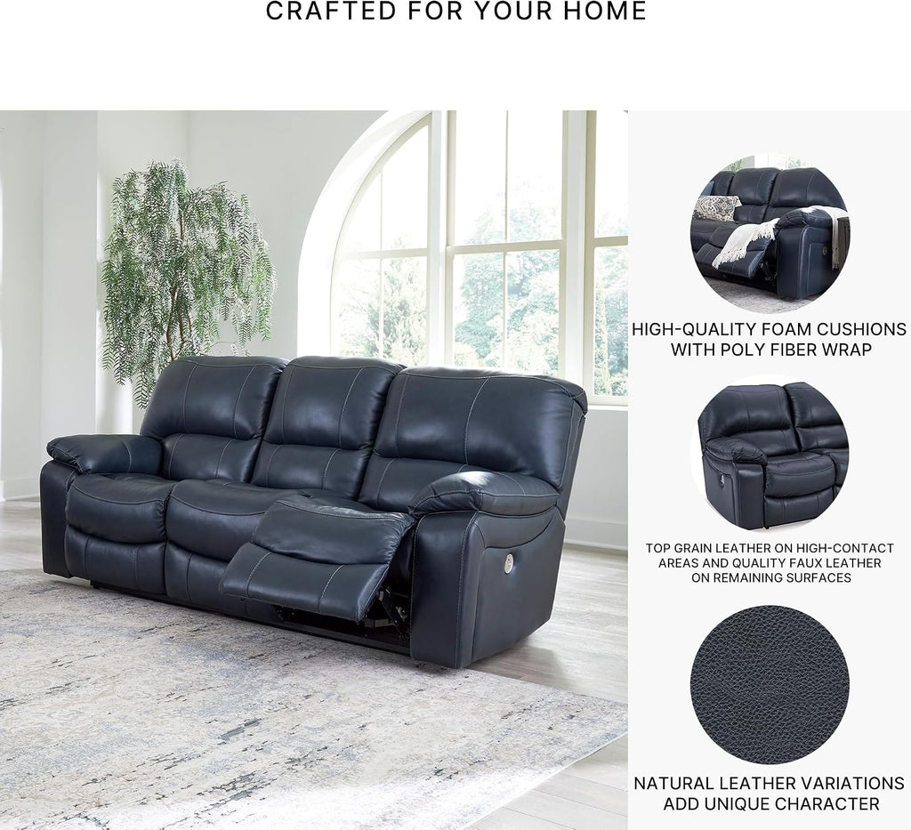 Signature Design by Ashley 3-Seat Zero Wall Power Reclining Sofa, Blue | Breathable top-grain leather, 4.5-inch wall hugger design, Integrated zero-draw USB port, Power headrest, Leesworth Series