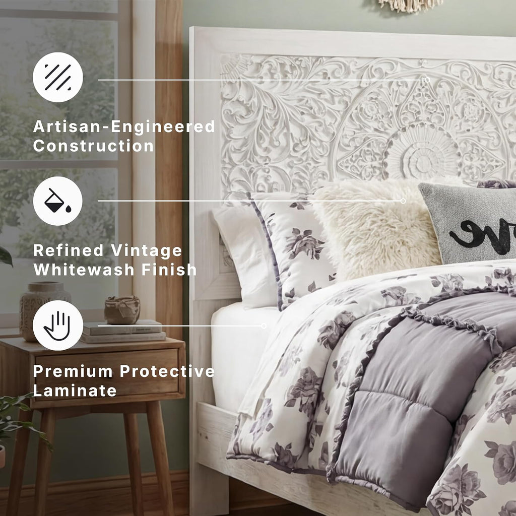 Signature Design by Ashley Panel Bed Frame, White Full Size, Paxberry | Boho carved floral medallion, Adjustable height headboard, Durable engineered wood, Standard full size mattress fit