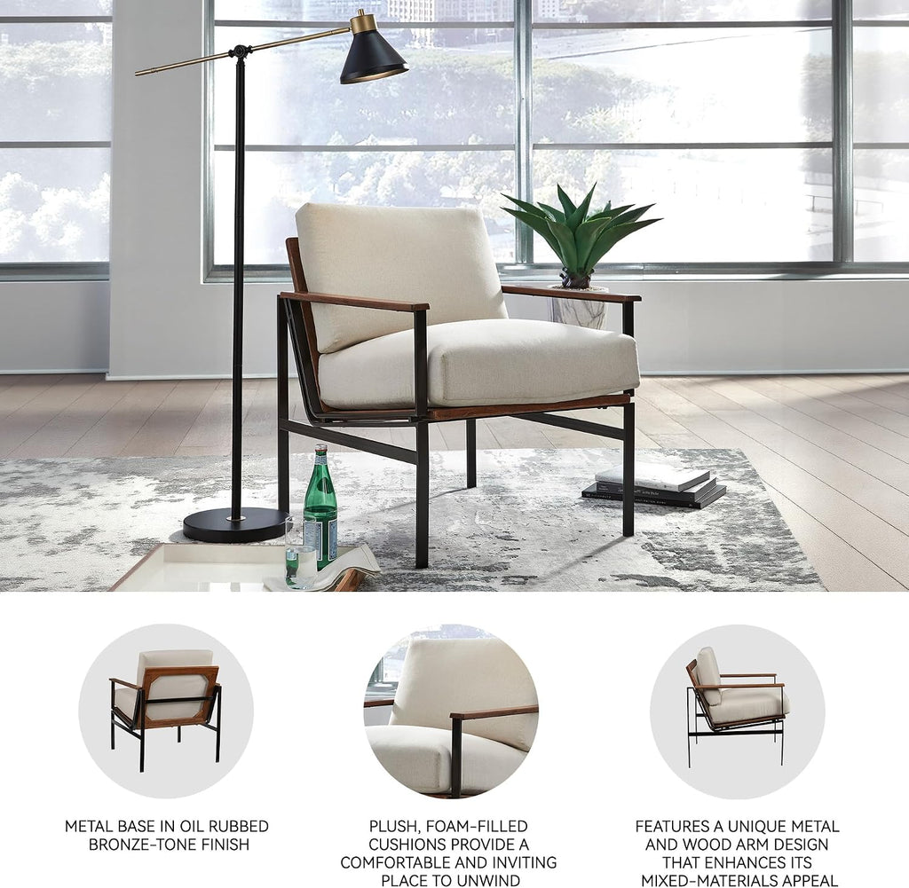 Signature Design by Ashley Accent Chair, Cream Upholstered Wood, Tilden | 100% polyester loose cushions, Warm brown wood arm caps, Oil-rubbed bronze tone metal base, Living room lounge seating