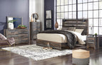 Signature Design by Ashley Drystan Rustic King Size Bed Frame with LED | Rustic brown and gray replicated wood grain with teal accents, Durable engineered wood, Adjustable base compatible