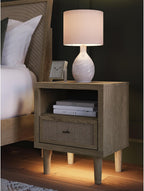 Signature Design by Ashley Cielden Light Brown 1-Drawer USB Nightstand | Two-tone replicated oak and faux cane print, Built-in wireless charging and LED base, Contemporary style for bedrooms
