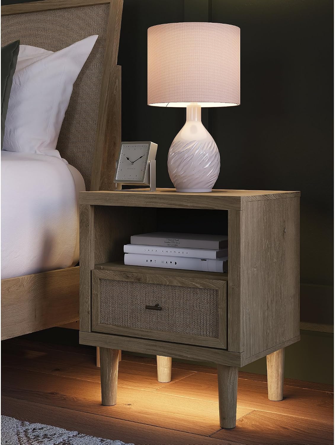 Signature Design by Ashley Cielden Light Brown 1-Drawer USB Nightstand | Two-tone replicated oak and faux cane print, Built-in wireless charging and LED base, Contemporary style for bedrooms
