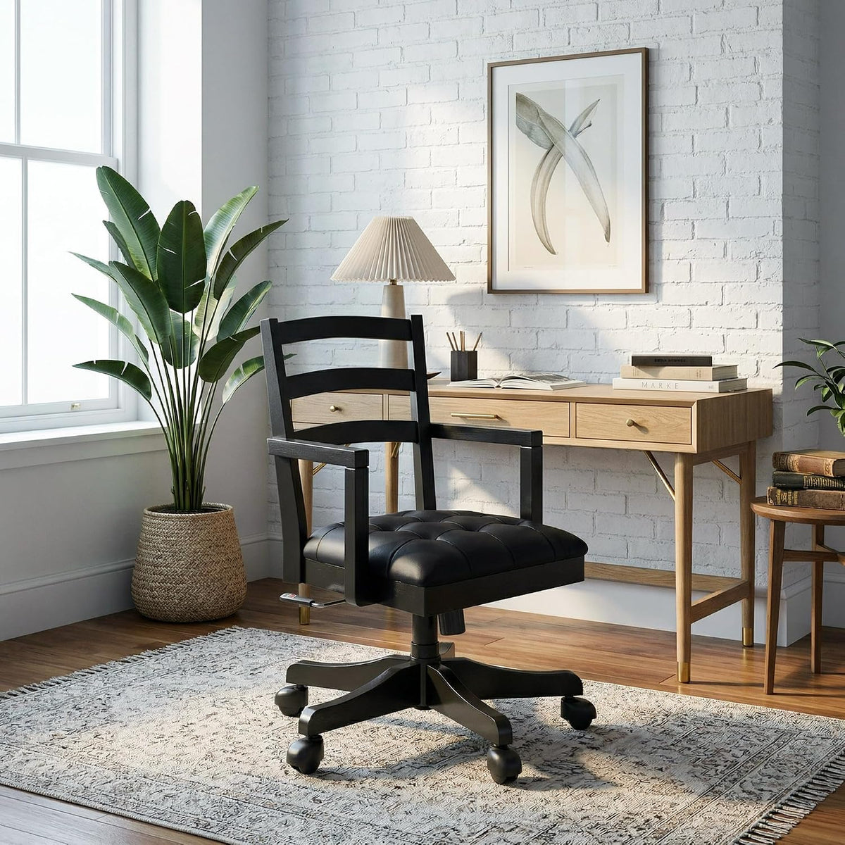 Signature Design by Ashley Wildenauer 1-Piece Swivel Desk Chair, Black | Wood swivel desk chair, Classic ladder back design, Foam cushioned seat, Durable black polyester fabric
