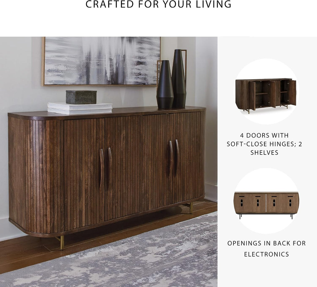 Signature Design by Ashley Mango Wood Accent Cabinet with Doors, Sideboard | Heavyweight construction in rich dark brown, Elegant vertical fluting, Curved sides, Wire management, Amickly Series