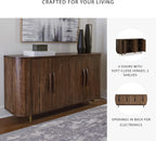 Signature Design by Ashley Mango Wood Accent Cabinet with Doors, Sideboard | Heavyweight construction in rich dark brown, Elegant vertical fluting, Curved sides, Wire management, Amickly Series