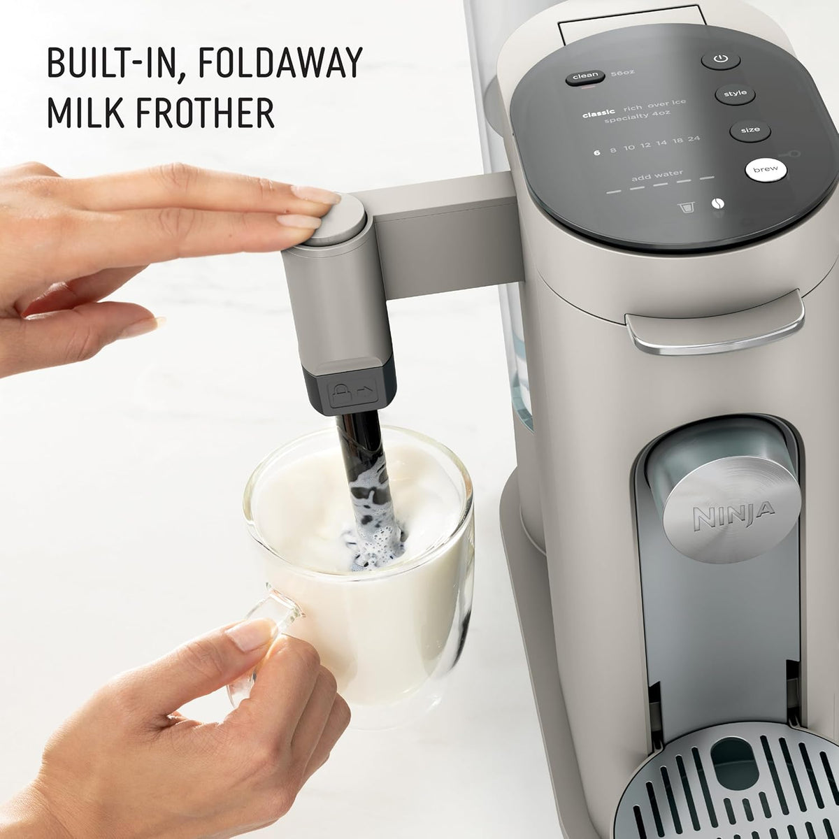 Ninja Pod and Grounds Coffee Maker, K-Cup Compatible, Stone, PB051ST | Brews, Compact Design, Built-in Milk Frother, 56 Ounces Reservoir, 6 Ounces Cup to 24 Ounces Mug Sizes