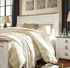 Signature Design by Ashley Coastal Queen Panel Headboard, Whitewash | Engineered wood rustic queen headboard, Farmhouse headboard queen option with built-in USB chargers, Willowton Series