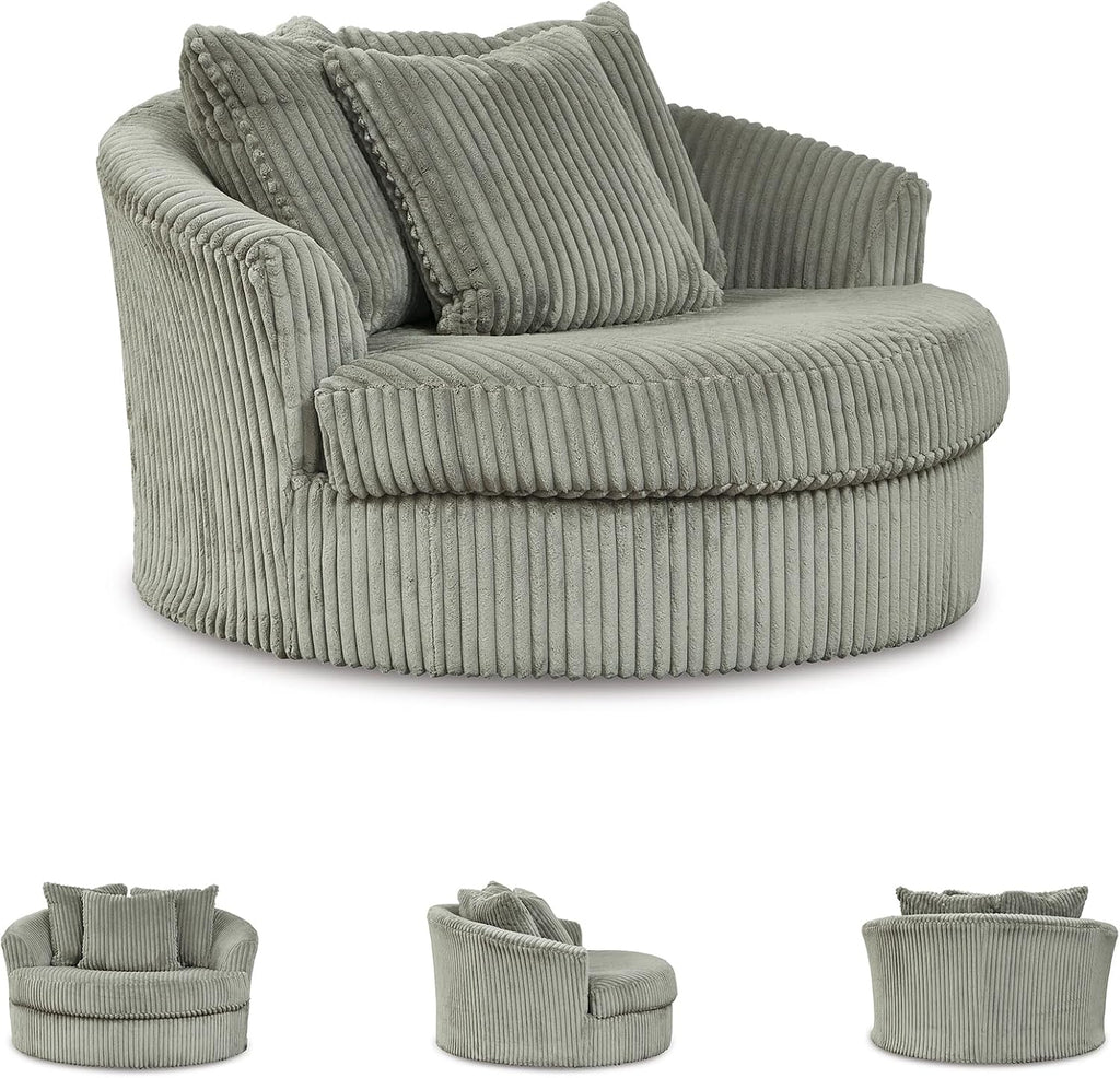 Signature Design by Ashley Lindyn Oversized Round Swivel Accent Chair, Fog | Plush textured cord upholstery, Sag-resistant platform foundation, Reversible seat cushion, No assembly required