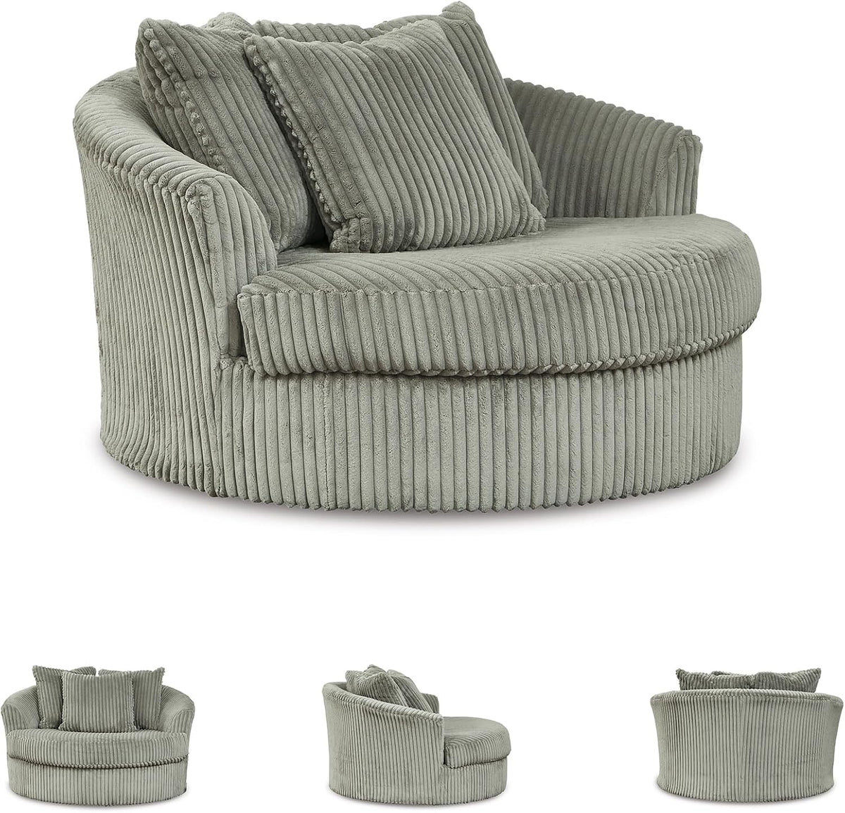 Signature Design by Ashley Lindyn Oversized Round Swivel Accent Chair, Fog | Plush textured cord upholstery, Sag-resistant platform foundation, Reversible seat cushion, No assembly required
