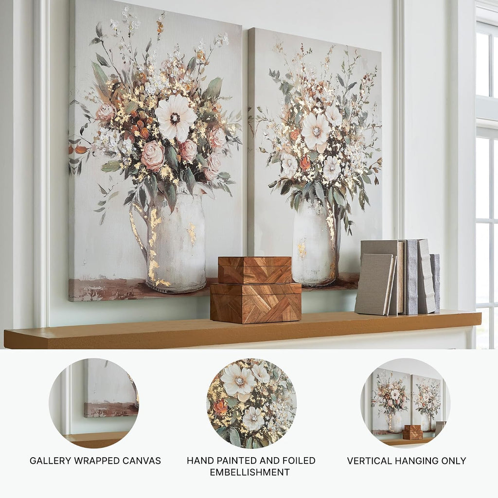 Signature Design by Ashley Floral Canvas Gallery Wall Art Sets | Unframed gallery wrapped canvas over wood, Hand painted textures with gold foil embellishments for living rooms, Faisaldon