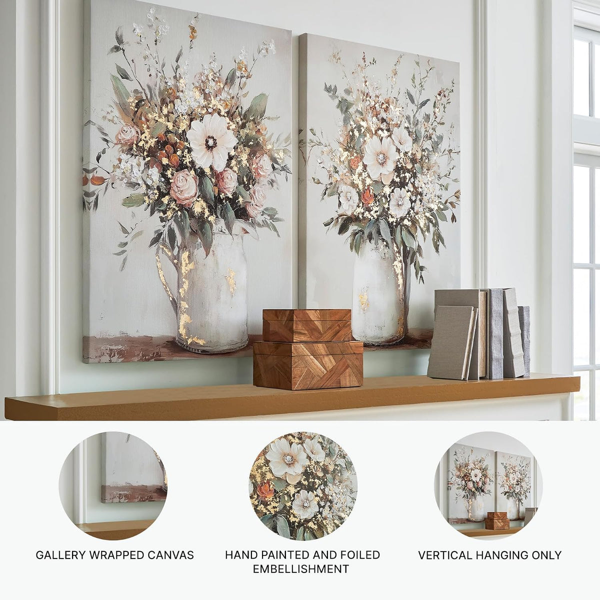 Signature Design by Ashley Floral Canvas Gallery Wall Art Sets | Unframed gallery wrapped canvas over wood, Hand painted textures with gold foil embellishments for living rooms, Faisaldon
