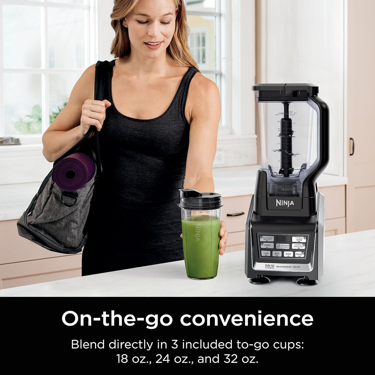 Ninja Nutri Personal & Countertop Blender, 1200W Auto-iQ, Black, BL642 | Auto-iQ base blends smoothies & shakes. 72-oz pitcher plus 18, 24 & 32-oz to-go cups w/ spout lids. Dishwasher safe.