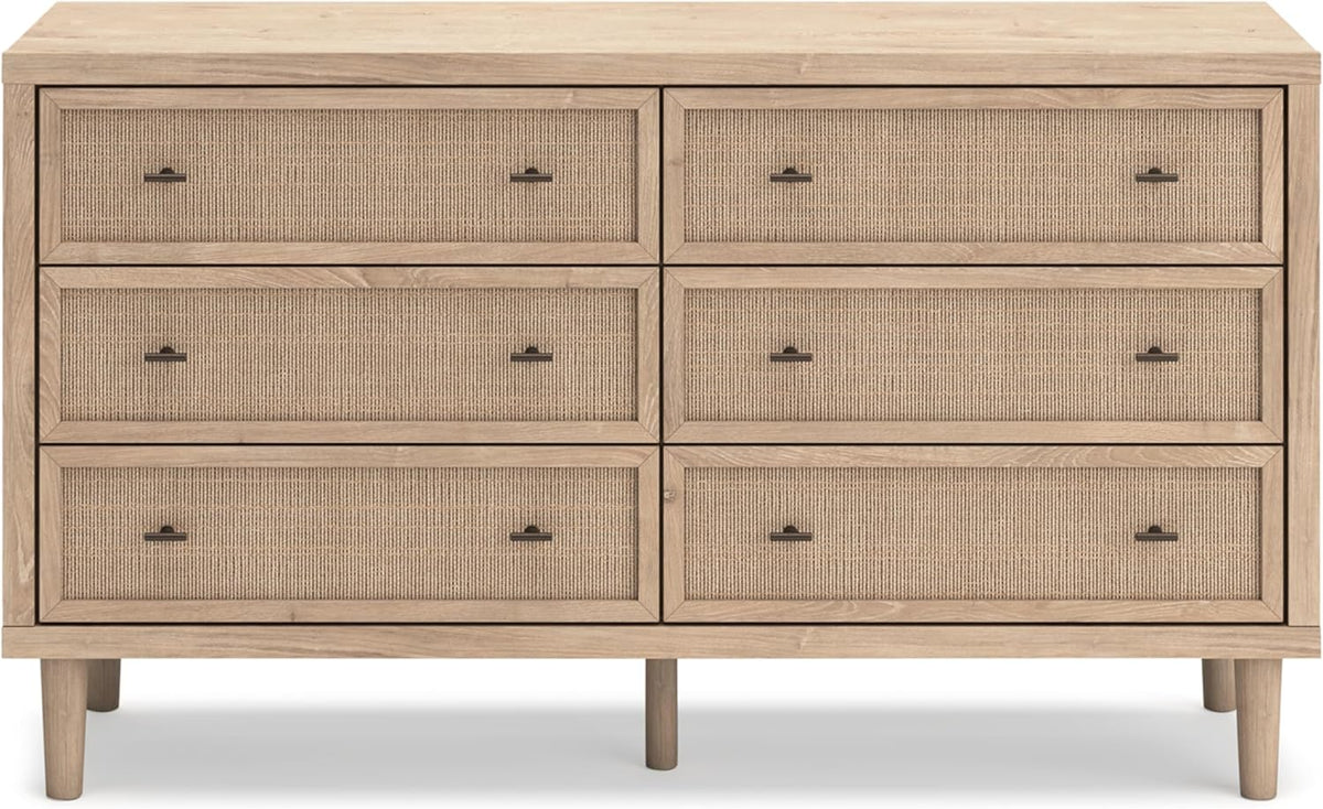 Signature Design by Ashley 6 Drawer Bedroom Dresser, Light Oak, Cielden | Textured beige faux cane fronts, Bronze knobs, Quick assembly, Contemporary coastal bedroom decor