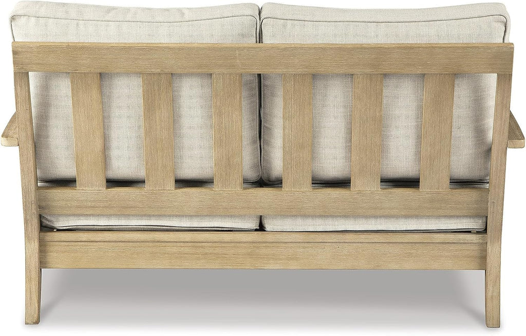 Signature Design by Ashley Clare View Outdoor Loveseat with Cushion, Beige | Eucalyptus wood frame, 5-step protective coating, Nuvella performance fabric, Compact balcony furniture, 2 throw pillows