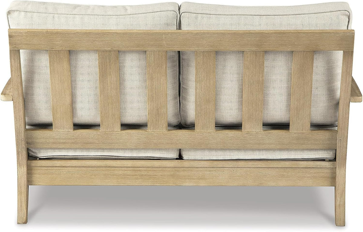 Signature Design by Ashley Clare View Outdoor Loveseat with Cushion, Beige | Eucalyptus wood frame, 5-step protective coating, Nuvella performance fabric, Compact balcony furniture, 2 throw pillows