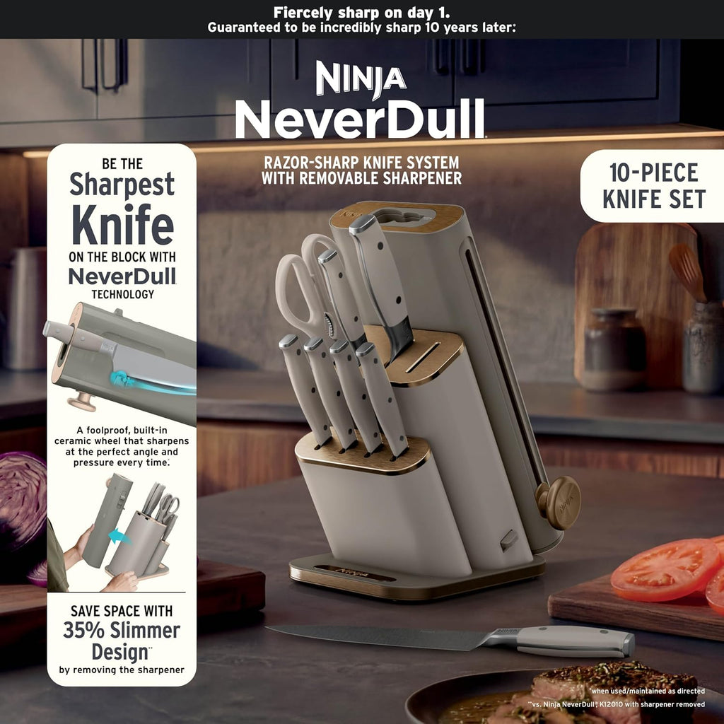 Ninja® NeverDull® 10-Pc German Steel Knife Set, Stone Gold, NK32010SD1 | Stays razor-sharp 10+ years. Premium German steel. Removable sharpener stores in a drawer saving up to 35% more counter space
