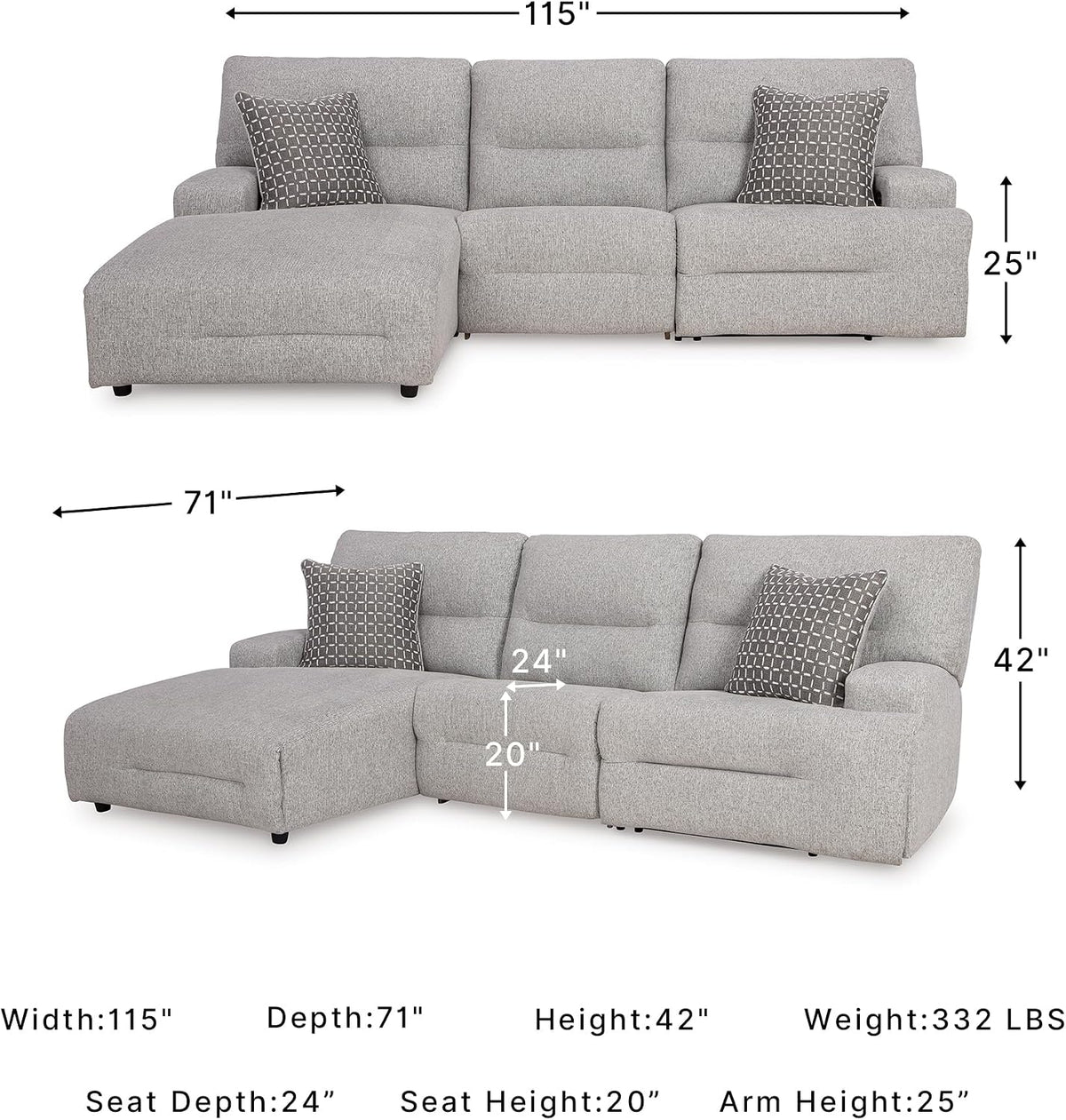 Signature Design by Ashley 3-Piece Modular Power Reclining Sectional | L-shape zero-gravity recline, Stain-resistant Next-Gen Nuvella fabric, Fits 36-inch doorway, Acklen Place Series