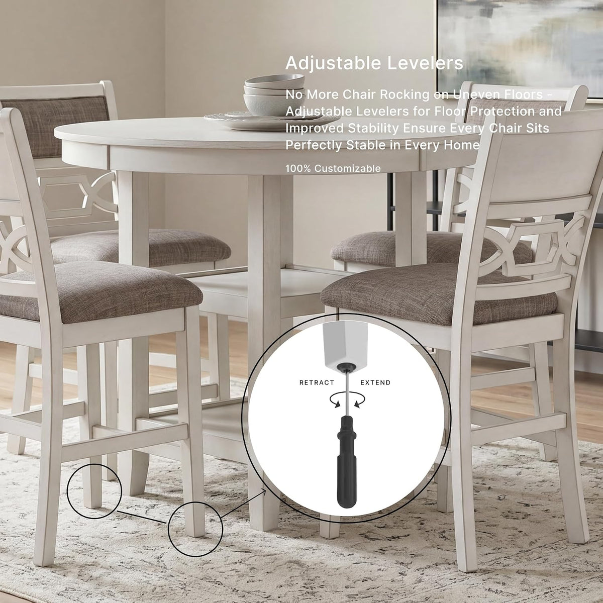 Signature Design by Ashley Round Dining Table Set for 4, Counter Height | 42-inch round table with built-in storage shelves, 4 foam-cushioned light gray barstools, Antique white finish, Erinberg