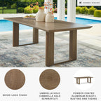 Signature Design by Ashley Serene Bay 6-Person Outdoor Dining Table | 84-inch rectangular patio dining table with wood-look finish, Rust-resistant aluminum frame, Built-in umbrella hole