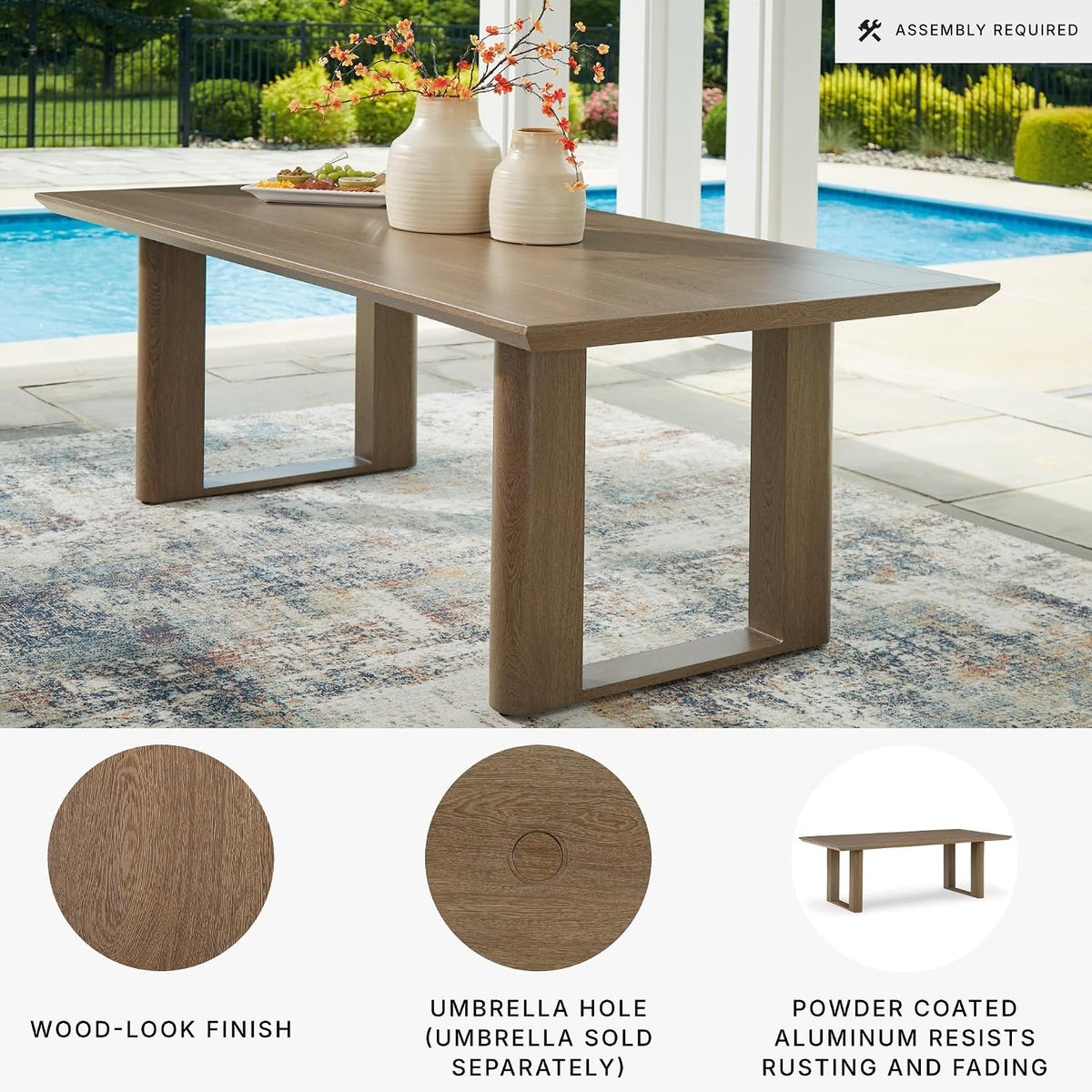 Signature Design by Ashley Serene Bay 6-Person Outdoor Dining Table | 84-inch rectangular patio dining table with wood-look finish, Rust-resistant aluminum frame, Built-in umbrella hole