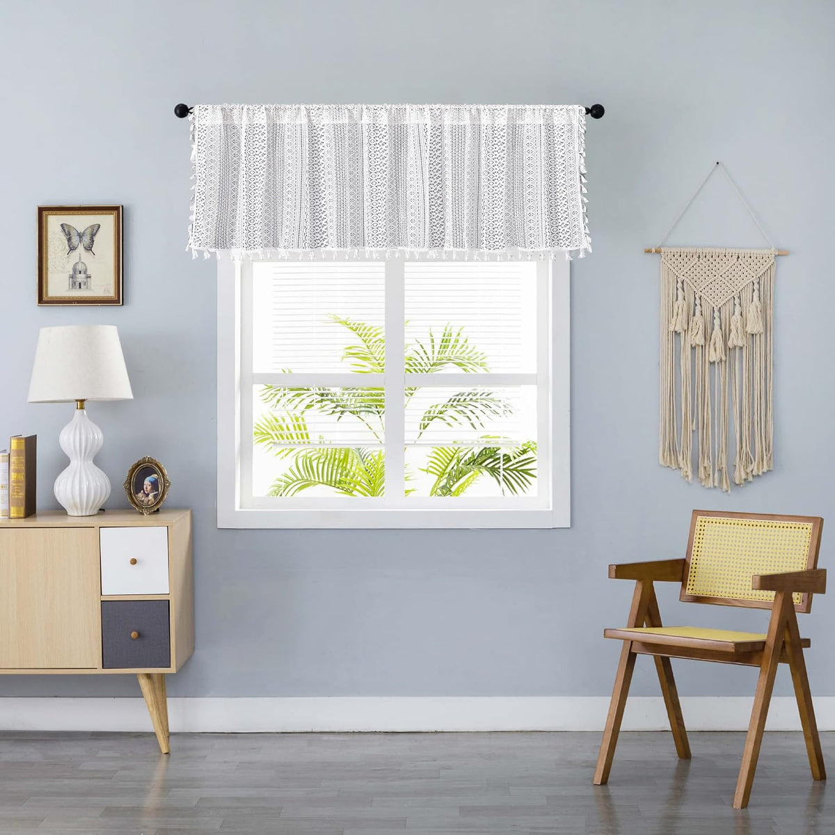 Sutuo Home Boho Curtain Crochet Lace Semi-Sheer Florals Hollow Knitted Handmade Tassels, Rod Pocket Window Treatment Vintage Rustic Farmhouse Drapes for Living Bedroom, 1 Panel 59" W x 84" L, Beige