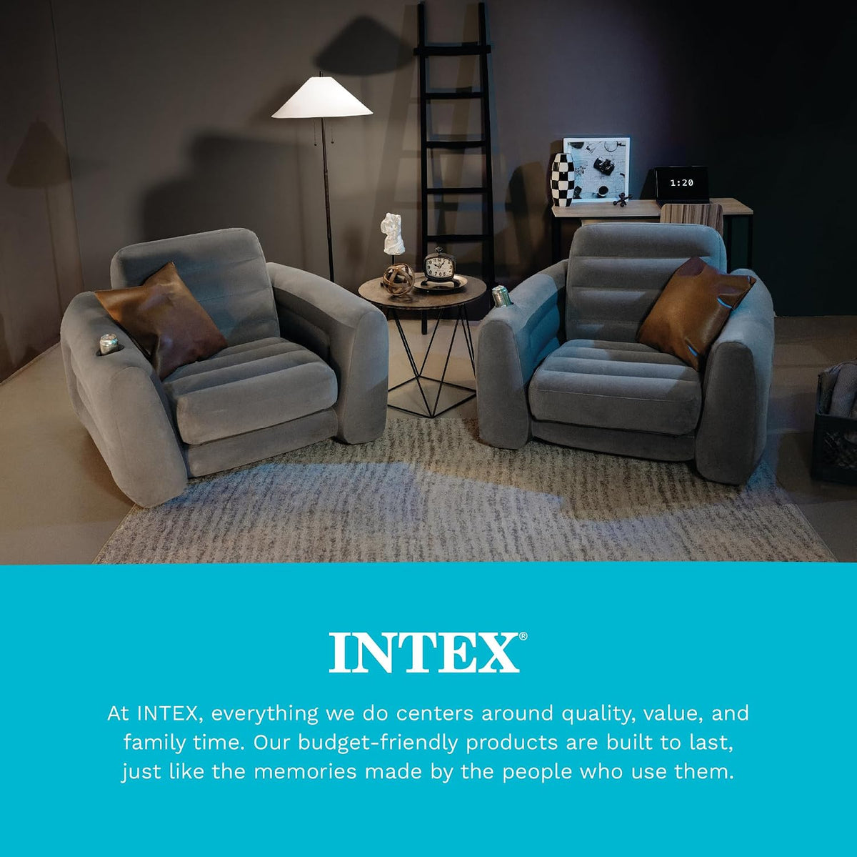 Intex 66551EP Inflatable Pull-Out Chair: Built-in Cupholder – Velvety Surface – 2-in-1 Valve – Folds Compactly – 80" x 91" x 26"