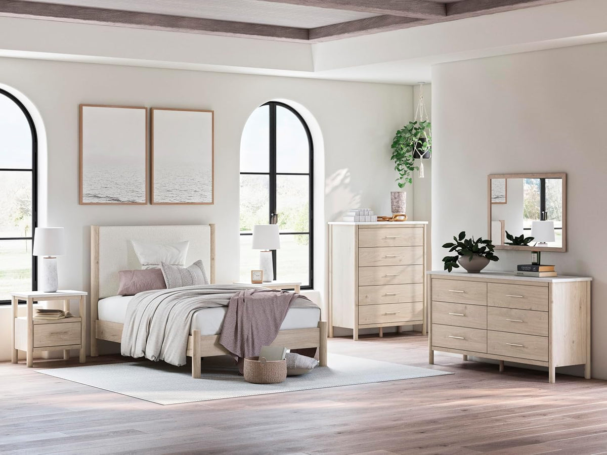 Signature Design by Ashley Cadmori Casual Bohemian Dresser with Post Legs and 6 Drawers, Replicated Marble Top, Wood, 35" High, White and Light Brown Finish