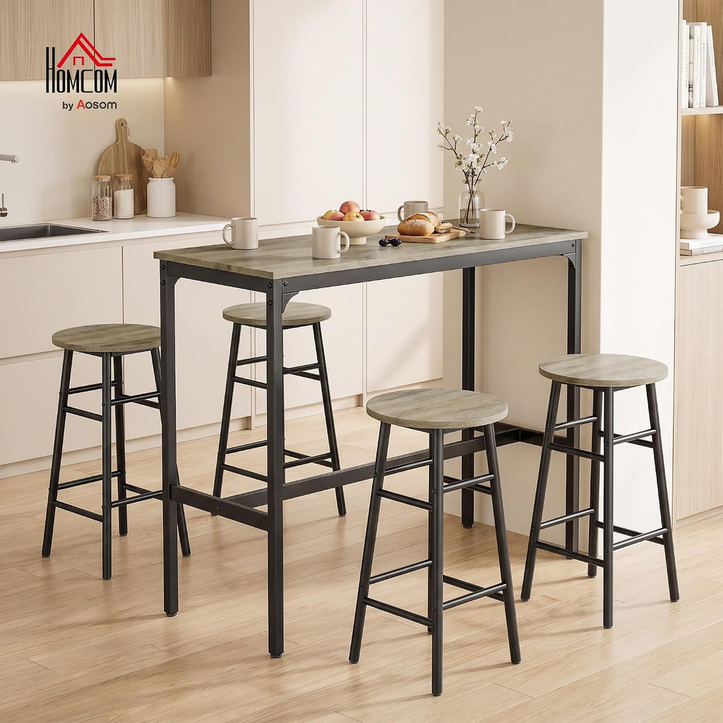 HOMCOM 5 Piece Bar Table Set w/ 4 Stools for Small Space, Grey Wood Effect