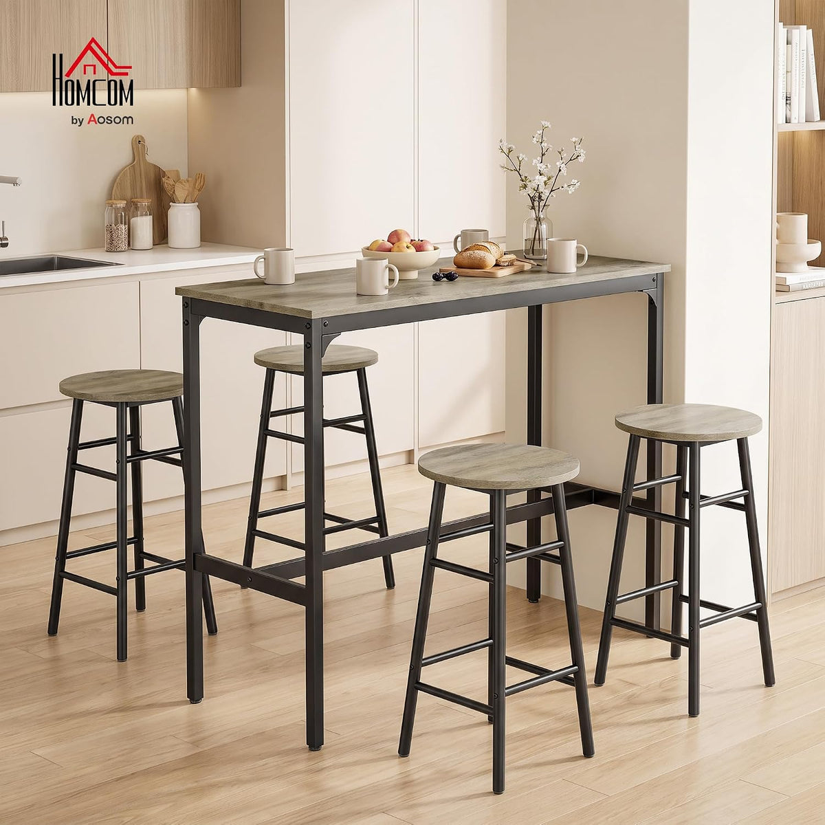 HOMCOM 5 Piece Bar Table Set w/ 4 Stools for Small Space, Grey Wood Effect