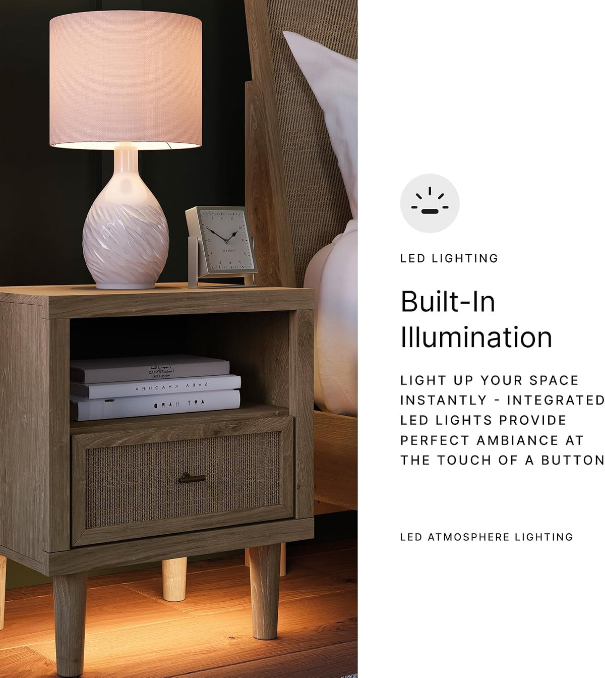 Signature Design by Ashley Cielden Light Brown 1-Drawer USB Nightstand | Two-tone replicated oak and faux cane print, Built-in wireless charging and LED base, Contemporary style for bedrooms