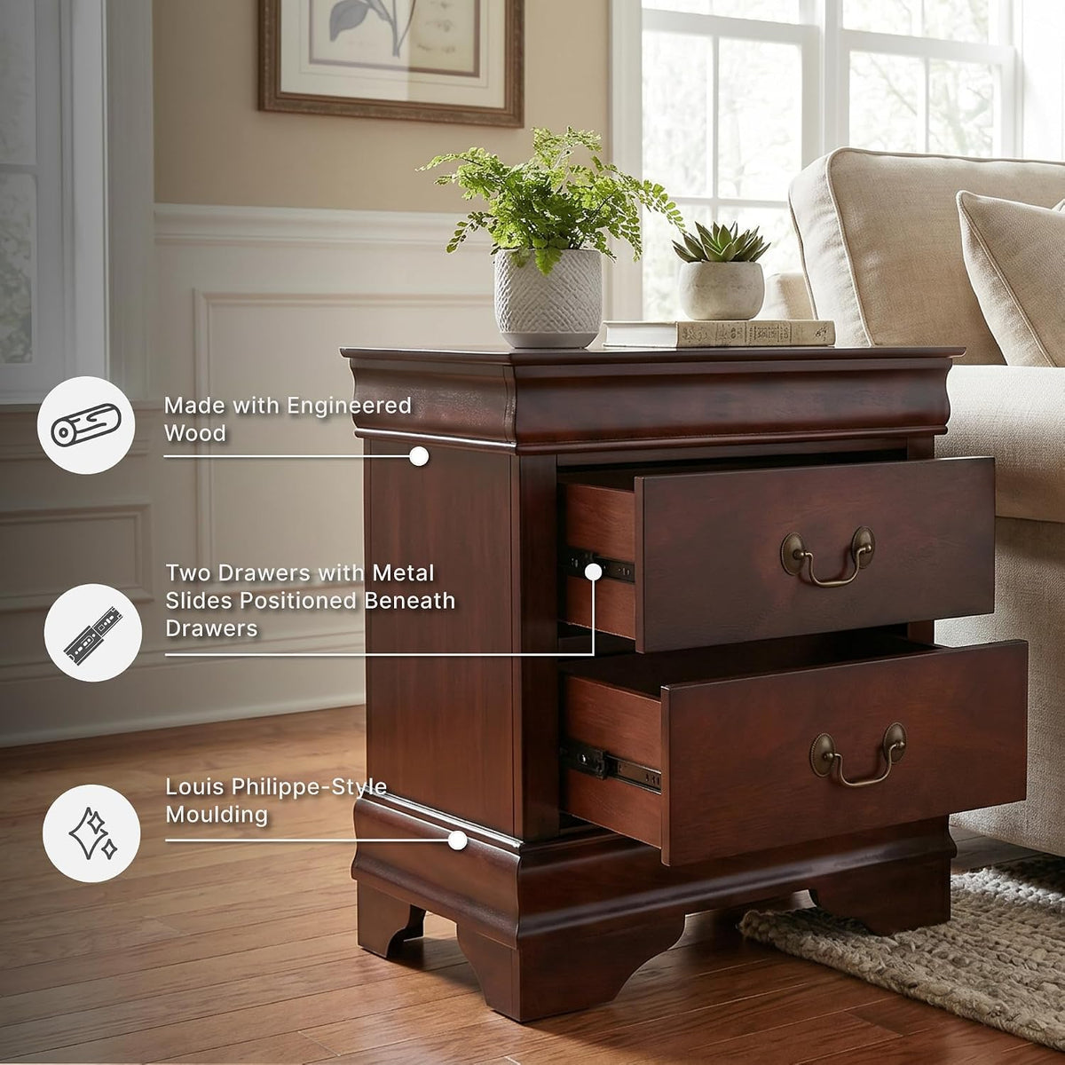 Signature Design by Ashley Alisdair 2 Drawer Nightstand, Reddish Brown | 21.63 in wide, Louis Philippe-style moulding, Metal slides beneath drawers, Antiqued bronze-tone pulls, Master bedroom use