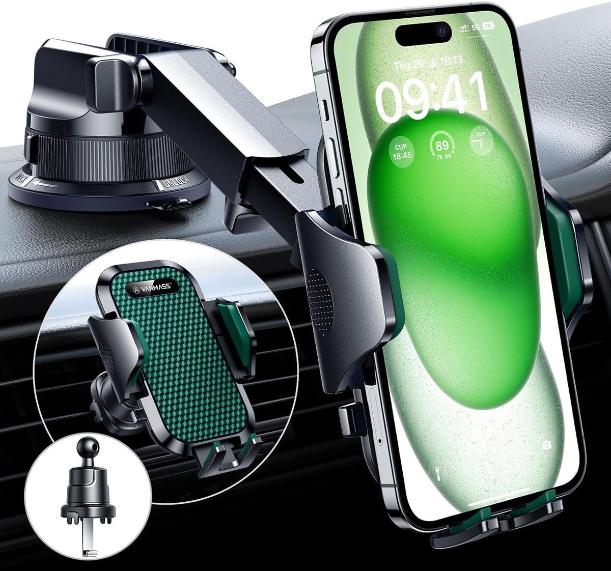 [True Military-Grade] Car Phone Holder VANMASS [Upgraded Strongest Suction&Clip] Cell Phone Mount for Dashboard Windshield Vent Kit, Truck Cradle Stand for iPhone 18 Pro Max 17 16 15 Android,Ink Black