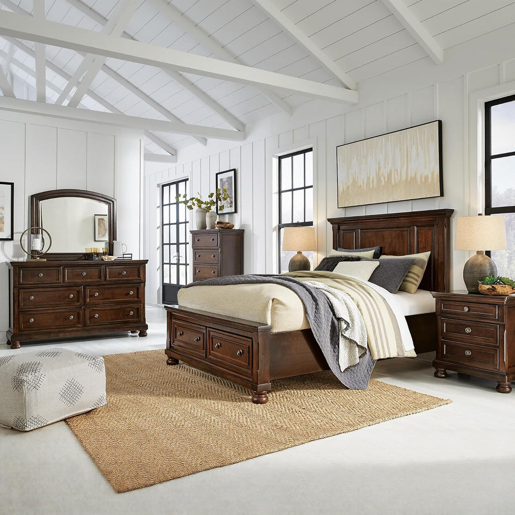 Signature Design by Ashley Porter Traditional Wood Nightstand, Brown | Veneers, wood and engineered wood, 2 smooth-operating drawers, Hidden pull-out tray, Felt bottom, Bun feet