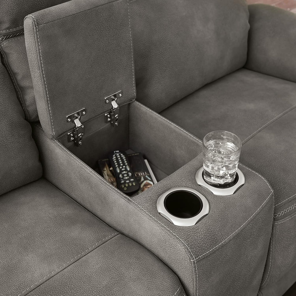 Signature Design by Ashley Power Reclining Loveseat Sofa with Console | Faux leather look, 15-minute assembly, Water-resistant DuraPella fabric, Zero-gravity reclining, Adjustable headrest