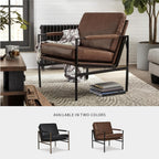 Signature Design by Ashley Puckman Accent Chair, Brown Leather Armchair | Leather and faux leather blend, Bronze-tone metal frame, 26-in wide seat, Upholstered track arms, Living room use