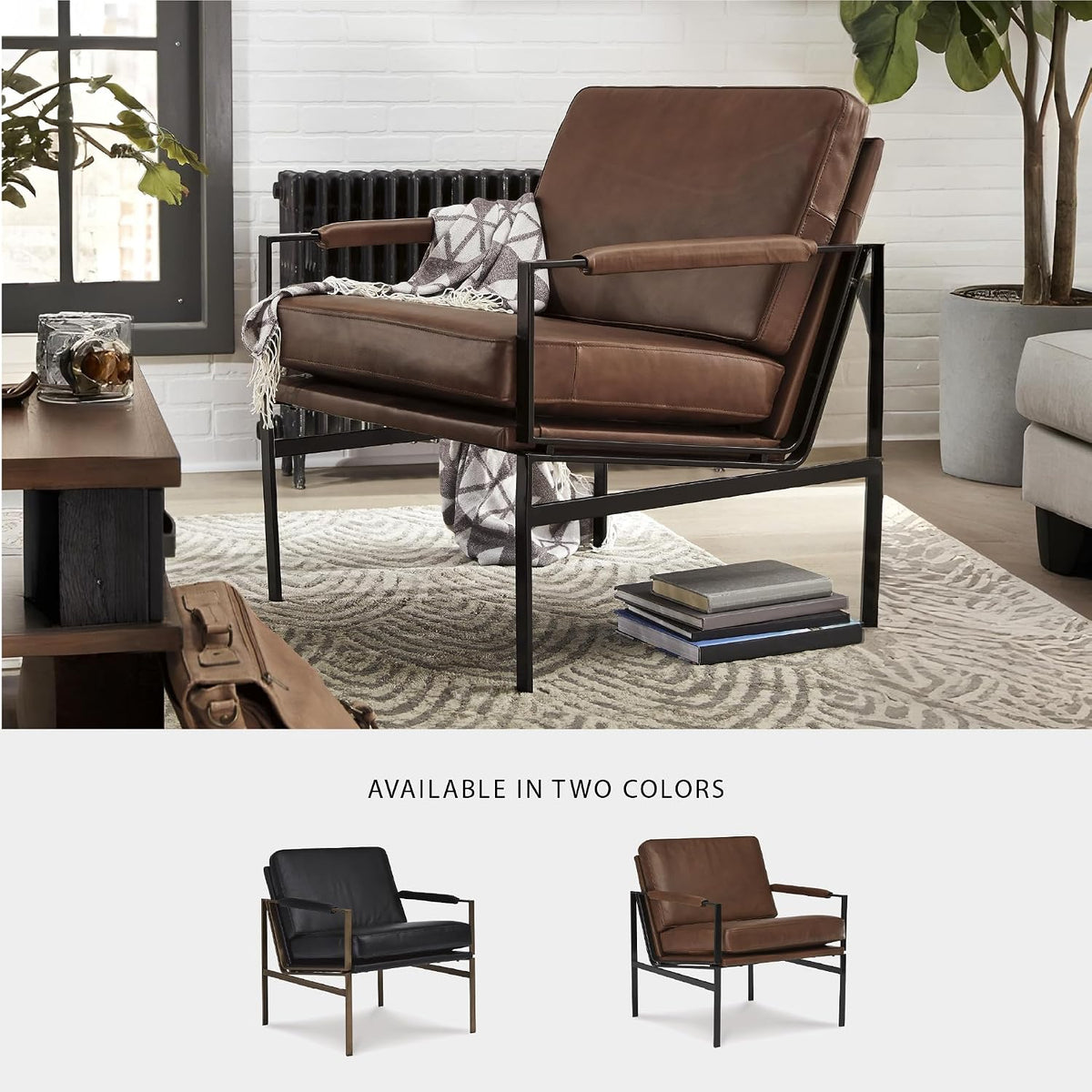 Signature Design by Ashley Puckman Accent Chair, Brown Leather Armchair | Leather and faux leather blend, Bronze-tone metal frame, 26-in wide seat, Upholstered track arms, Living room use