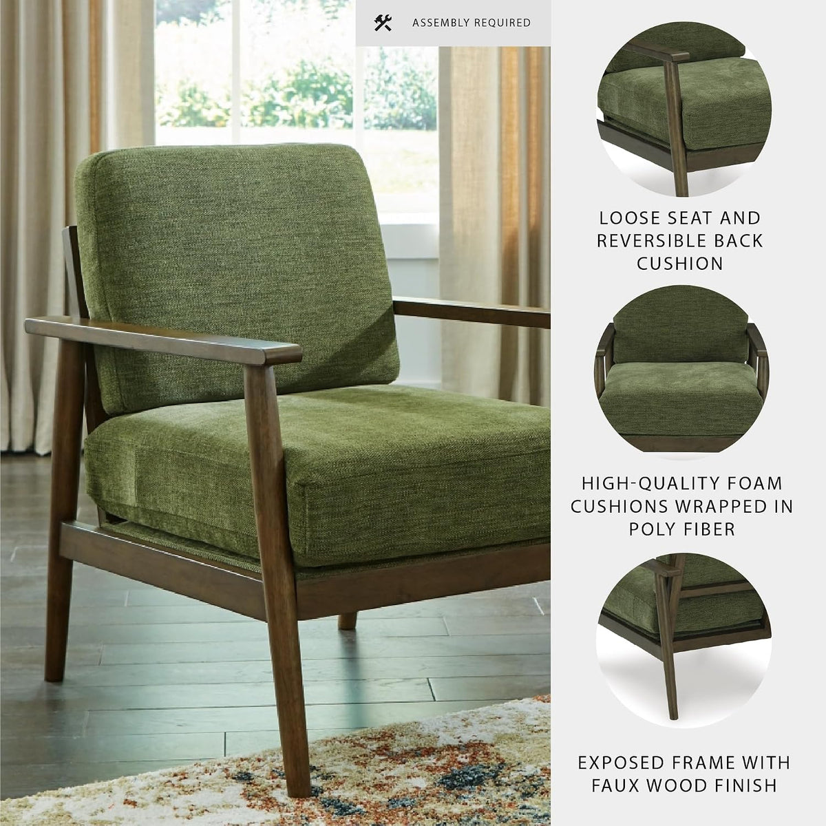 Signature Design by Ashley Bixler Showood Accent Chair, Olive Green | Plush chenille blend upholstery, Reversible cushion, Exposed engineered wood frame, Cozy reading nook, Wood accent chair
