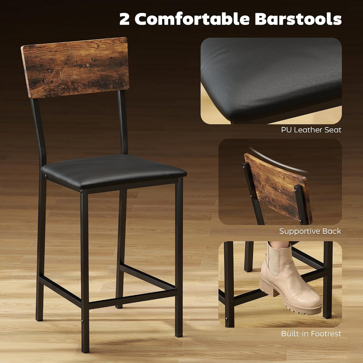 HOMCOM 3 Piece Breakfast Bar Table Set with Stools for 2 Rustic Brown