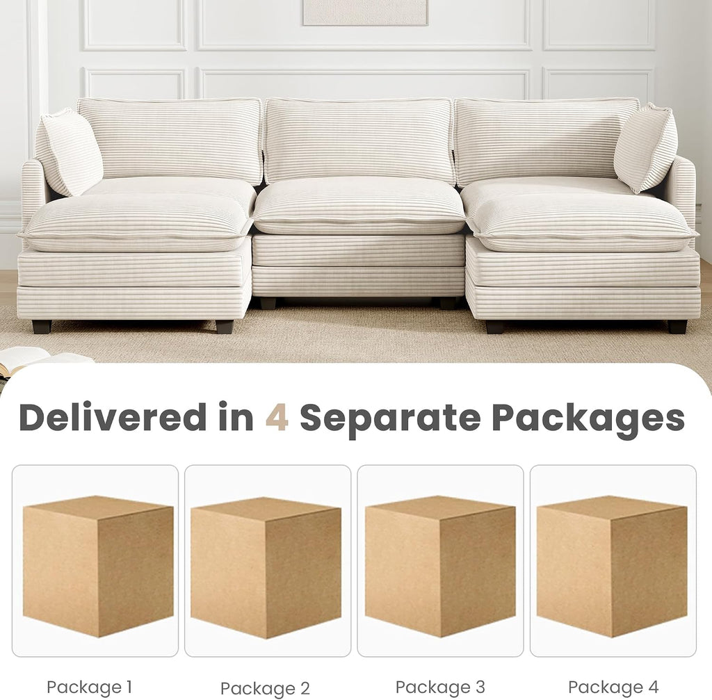 ROWHY 112'' Sectional Modular Cloud Couch, Oversized 5 Seat Couches U Shaped Sofa with 2 Movable Ottomans, 2 Throw Pillows, Upholstered Corduroy U Shape Comfy Deep Couches for Living Room, Beige