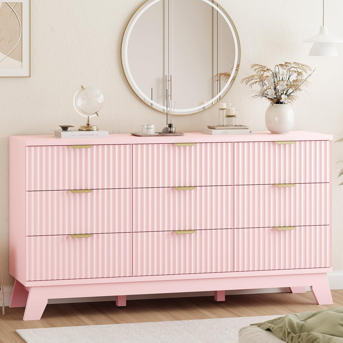 Xixini Fluted Dresser for Bedroom with 9 Drawers, 57" Wide Modern Chest of Drawers with Metal Handle, Wooden Dresser TV Stand, Wood Closet Clothes Storage Organizer for Living Room, Hallway, Walnut