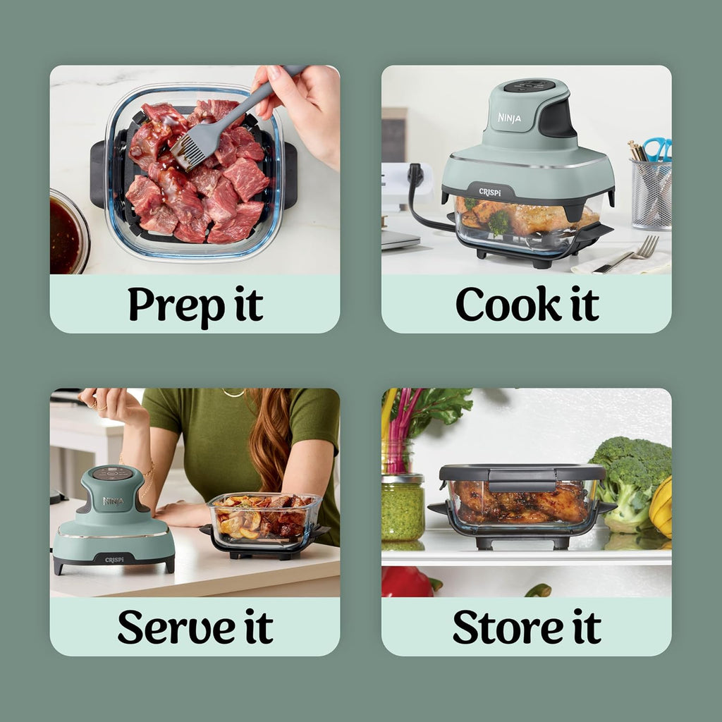 Ninja Crispi Glass Air Fryer, 4-in-1, Green, FN101SG | Max crisp, bake, air fry, recrisp, 450F max, 4 Qt and 6 Cup containers, PFAS-free glass