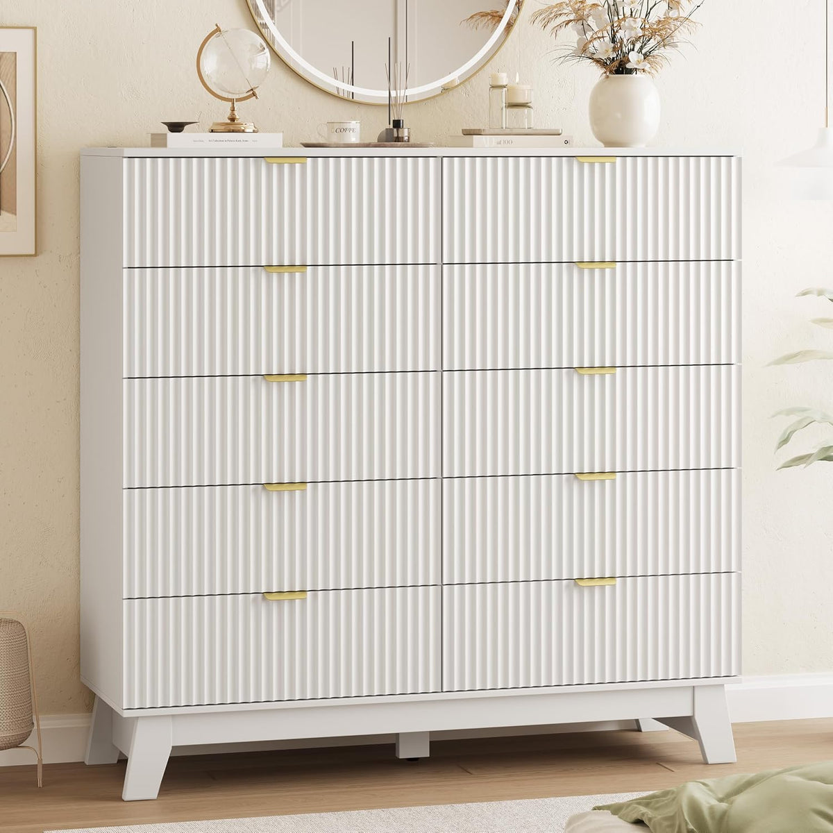 Xixini Fluted Dresser for Bedroom with 9 Drawers, 57" Wide Modern Chest of Drawers with Metal Handle, Wooden Dresser TV Stand, Wood Closet Clothes Storage Organizer for Living Room, Hallway, Walnut