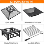 Yaheetech Multifunctional Fire Pit Table 32in Square Metal Firepit Stove